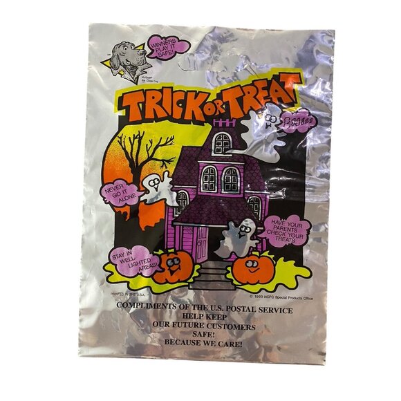 Vintage 90s Foil Trick Or Treat Bag Halloween USPS Postal Service McGruff 15X11" - Picture 1 of 5